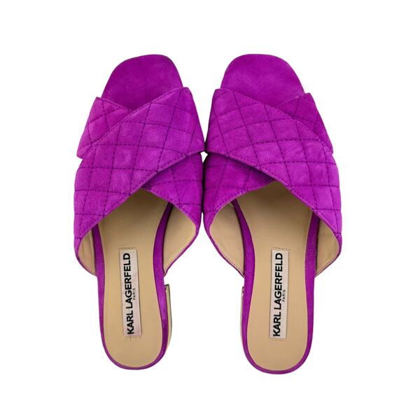 Karl Lagerfeld Rae Magenta Purple Suede Leather Quilted Open Toe Slide Sandals - Picture 3 of 11